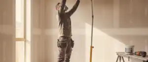 Plasterer in a dust mask fitting plasterboard to a ceiling frame, a key stage that influences ceiling replacement cost
