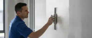 Plasterer achieving plasterboard finish levels with a metal trowel, smoothing a wall in a room with exposed steel studs