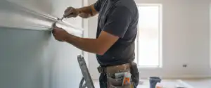 Worker on a ladder applying white filler during a plaster cornice installation in a light blue unfurnished room